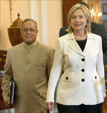 Finance Minister Pranab Mukherjee and US Secretary of State Hillary Clinton.