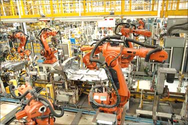 Robots at work at Ford car plant, Chennai.