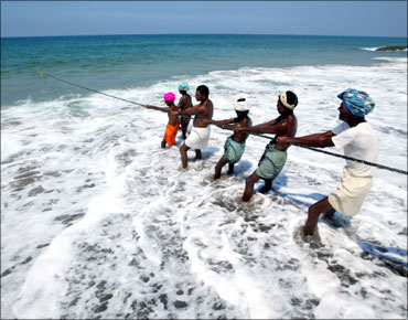 Indian fishermen pull in their catch in Kovalam Beach, near Trivandrum.