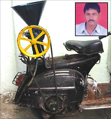 A scooter-powered flour mill. Jehangir Painter, innovator (inset).