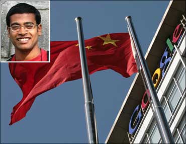 A Chinese national flag flies in front of Google China's headquarters in Beijing. (Inset) Shishir Nagaraja.