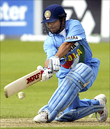 Sachin Tendulkar plays a sweep shot against Sri Lanka.