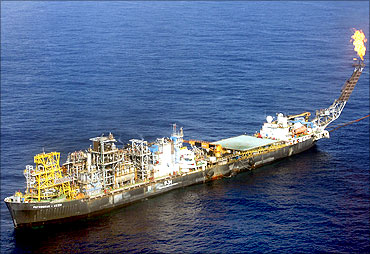 An aerial view shows the state oil company Petrobras P-34 oil rig in the Campos basin.