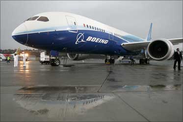 The Boeing 787 Dreamliner sits on the tarmac at Boeing Field in Seattle, Washington.