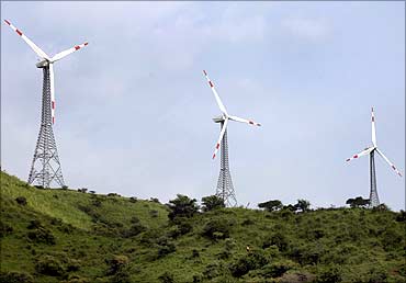 Power-generating windmill turbines in Suzlon wind farm near Ahmedabad.