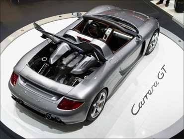 The Porsche Carrera GT is displayed at the North American International Auto show.