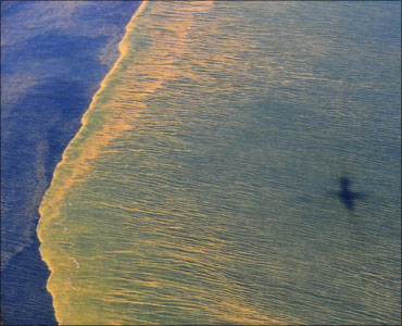 Oil is seen on the surface of the Gulf of Mexico in an aerial view of the Deepwater Horizon oil spill off the coast of Mobile, Alabama.