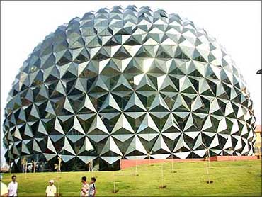 The four-screen multiplex at the Infosys Mysore Development Centre. Shaped like a massive golf ball, it is perhaps the most photographed structure on the sprawling Infosys campus.