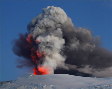 Lava and ash explode out of the caldera of Iceland's Eyjafjallajokull volcano.