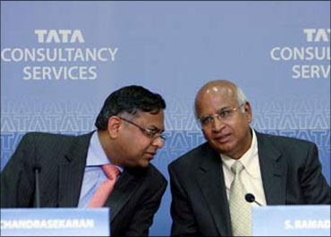 TCS chief executive officer N Chandrasekhar (left) with former TCS CEO S Ramadorai.
