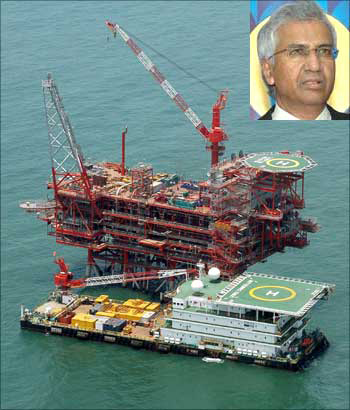 Reliance Industries KG-D6's control and raiser platform is seen off the Bay of Bengal. (Inset) RIL Director P M S Prasad.