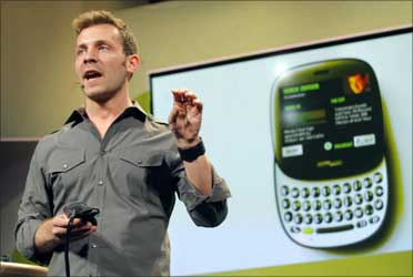 Microsoft marketing manager Derek Snyder discusses a new smart phone called Kin One at a Microsoft news conference in San Francisco, California April 12, 2010.