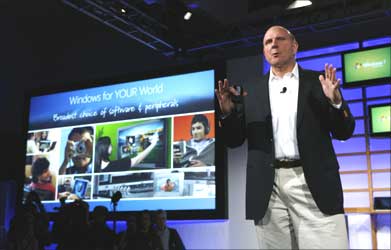 Microsoft CEO Steve Ballmer takes the stage at the Windows 7's Launch Party in New York.