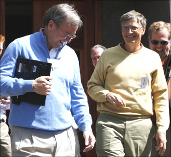Image: Eric Schmidt (left) CEO of Google and Bill Gates former CEO of Microsoft in Sun Valley, Idaho. Photograph: Rick Wilking/Reuters