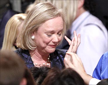 Meg Whitman cries after speaking to her supporters during her election night loss in Los Angeles, California.