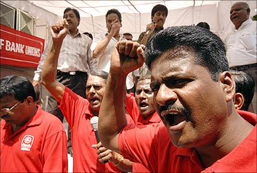 India's public sector bank employees during a strike against divestment in Hyderabad.