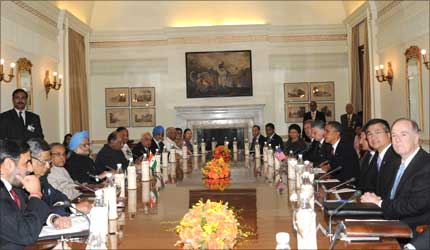 Prime Minister Manmohan Singh at the delegation level talks with the US President Barack Obama, in New Delhi on November 8, 2010.