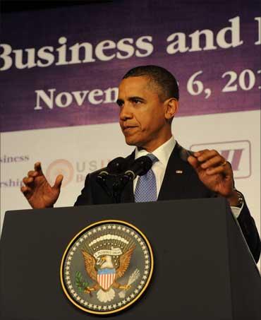 Obama addressing the US-India Business and Entrepreneurship Summit, in Mumbai on November 6, 2010.