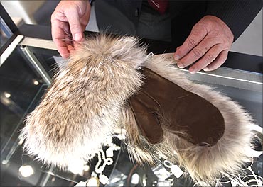 A pair of fur mittens belonging to Bernard Madoff's wife, Ruth.