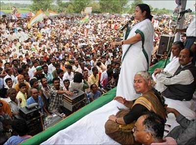 Chief of the regional Trinamool Congress party, speaks during a protest rally in front of Tata Motors' new small car project, the Nano, at Singur.