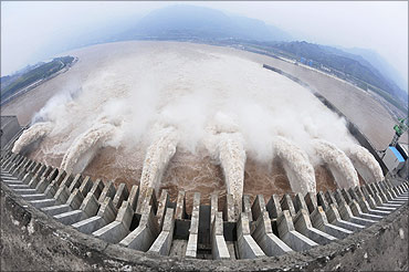 Three Gorges Dam Project discharges flood water to lower the water level in the reservoir in Yichang