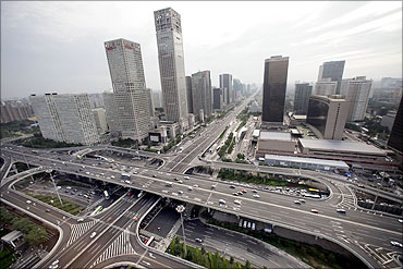 A general view of the office buildings and Guomao Bridge (bottom) in Beijing's Central Business Dist