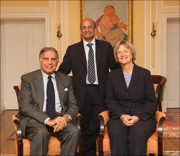Ratan Tata, HBS Dean Nitin Nohria, and Harvard University president Drew Faust at HBS.