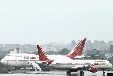 Air India on the tarmac during heavy rains at the Indira Gandhi International Airport.