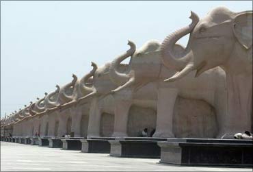 Elephant statues made of stone inside the Ambedkar memorial park in Lucknow