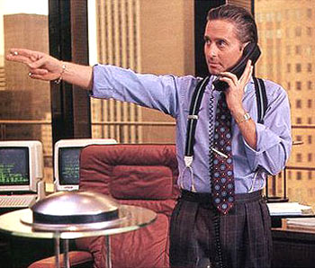 Hollywood actor Micheal Douglas as Gordon Gekko in the film Wall Street.
