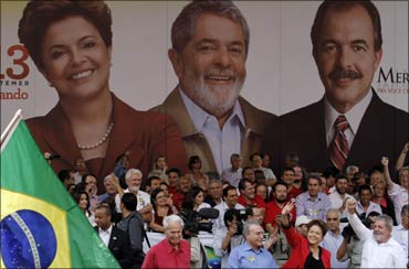 Brazil's President Luiz Inacio Lula da Silva waves to supporters in Campinas.