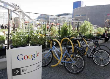 Employees use community bikes to travel around Google headquarters in Mountain View, California.