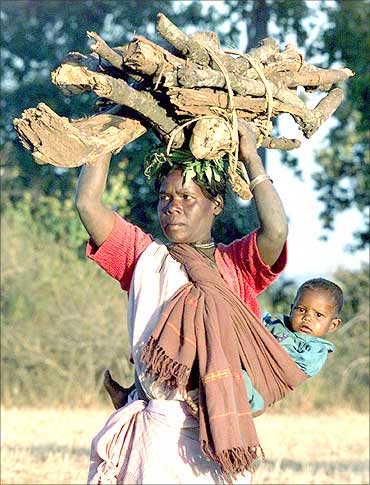A tribal woman returns with her baby after collecting wood in Kodapani village in Chattisgarh.