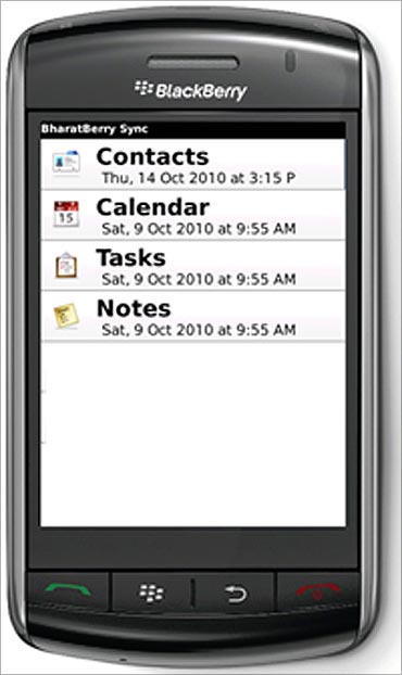 Bharat Berry mobile PIM sync application on a BlackBerry handset.