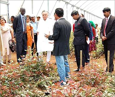 Environment Minister Jairam Ramesh visits a farm.