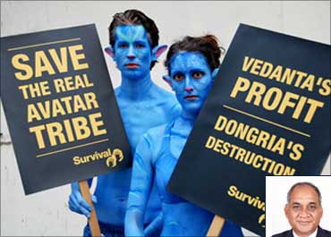 Demonstrators, dressed as characters from the film Avatar, protest against Vedanta. Inset: Vedanta Aluminium CEO Mukesh Kumar.