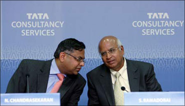 TCS CEO N Chandrasekaran with former TCS chief S Ramadorai (right).