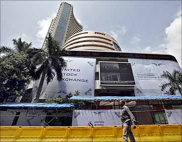 A man walks past the Bombay Stock Exchange (BSE) building in Mumbai.