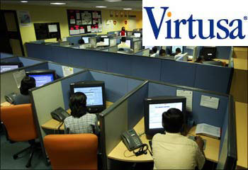 Employees at a BPO unit in Bengaluru. (Inset) Virtuasa logo.