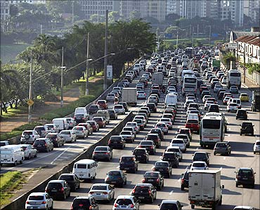 Vehicles are seen in a traffic jam during rush hour in Sao Paulo.