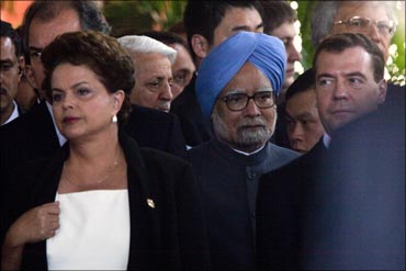 Prime Minister Manmohan Singh and Brazilian President Dilma Rousseff at the BRICS Leaders Meeting.