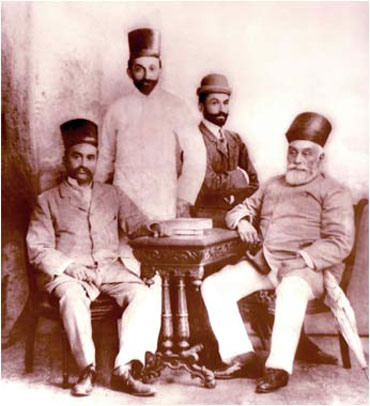 J N Tata (sitting right to left), the founder of the Tata Group; Sir Dorabji Tata, (standing right to left); the elder son of J N Tata, Sir Ratan Tata, his younger brother and R D Tata, father of JRD Tata.