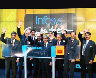 Infosys CEO S Gopalakrishnan and colleagues at the Nasdaq listing.