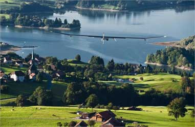 Solar Impulse flying over Geneva Lake.