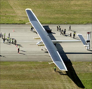 Solar Impulse's solar-powered HB-SIA prototype airplane stands still after its first successful night flight attempt at Payerne airport on July 8, 2010.