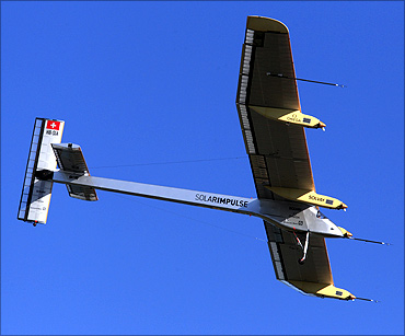 Andre Borschberg flies in the solar-powered HB-SIA prototype.