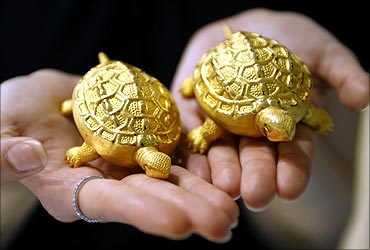 An employee holds replicas of turtles.