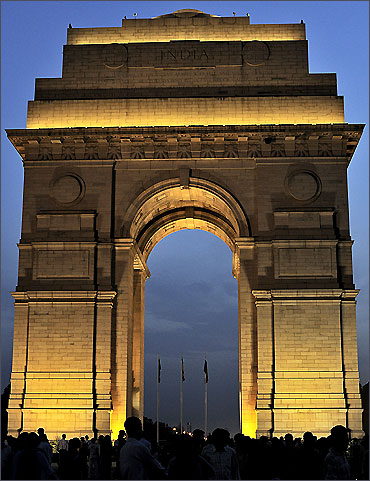 A general view of the illuminated historic India Gate.