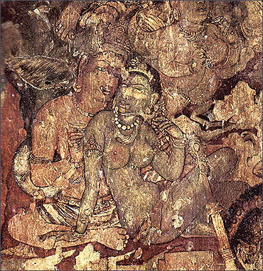 Painting from the Ajanta Caves in Aurangabad, Maharashtra.