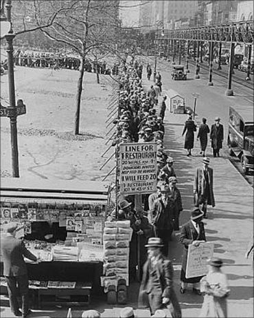 A breadline in New York City during the Great Depression.